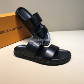 LV Black Monogram Embossed Calf Leather Slippers For Men