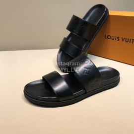 LV Black Monogram Embossed Calf Leather Slippers For Men