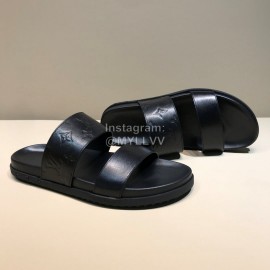 LV Black Monogram Embossed Calf Leather Slippers For Men