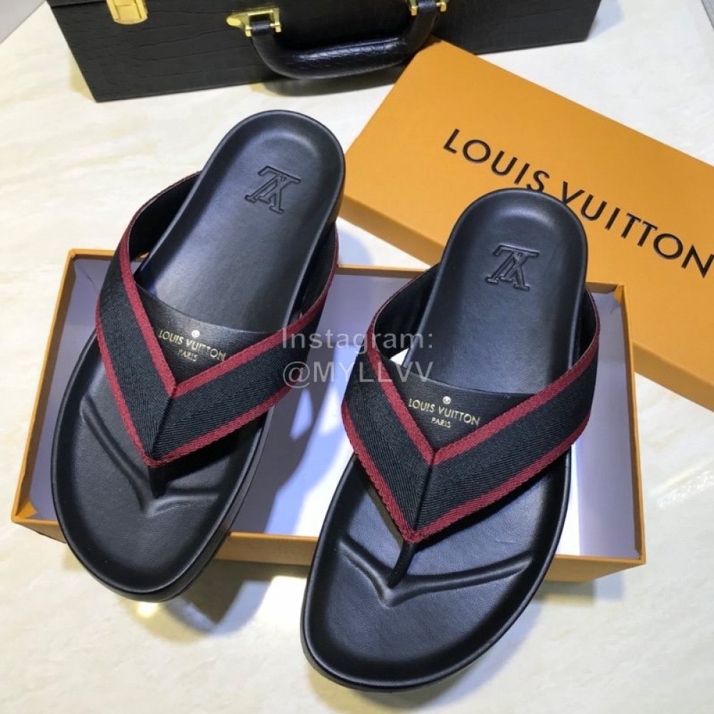LV Summer Ribbon Calf Leather Flip Flops For Men 