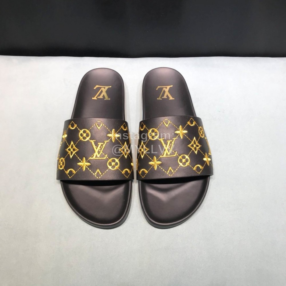 LV Calf Leather Monogram Embroidery Slippers For Men Black