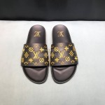 LV Calf Leather Monogram Embroidery Slippers For Men Black