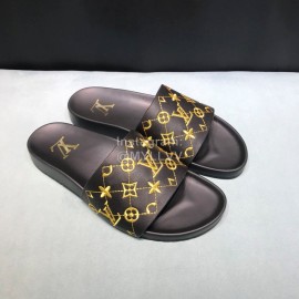 LV Calf Leather Monogram Embroidery Slippers For Men Black