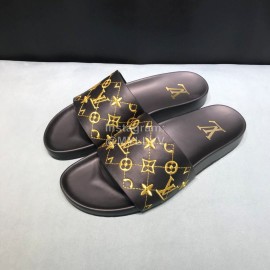 LV Calf Leather Monogram Embroidery Slippers For Men Black