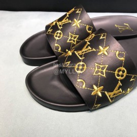 LV Calf Leather Monogram Embroidery Slippers For Men Black