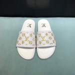 LV Calf Leather Monogram Embroidery Slippers For Men White