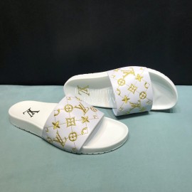 LV Calf Leather Monogram Embroidery Slippers For Men White