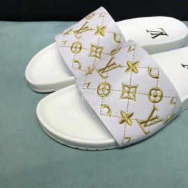 LV Calf Leather Monogram Embroidery Slippers For Men White