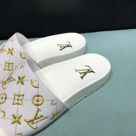 LV Calf Leather Monogram Embroidery Slippers For Men White