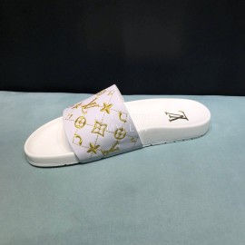 LV Calf Leather Monogram Embroidery Slippers For Men White
