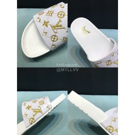 LV Calf Leather Monogram Embroidery Slippers For Men White