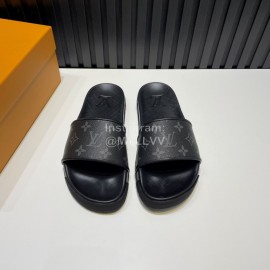 LV Summer Fashion Monogram Cowhide Slippers For Men Black