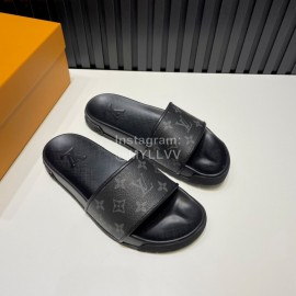 LV Summer Fashion Monogram Cowhide Slippers For Men Black