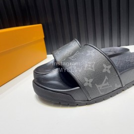 LV Summer Fashion Monogram Cowhide Slippers For Men Black