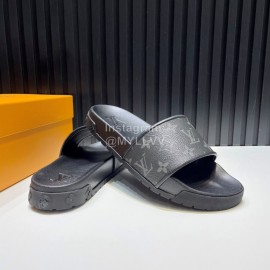 LV Summer Fashion Monogram Cowhide Slippers For Men Black