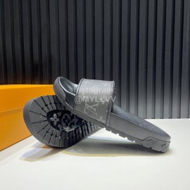 LV Summer Fashion Monogram Cowhide Slippers For Men Black