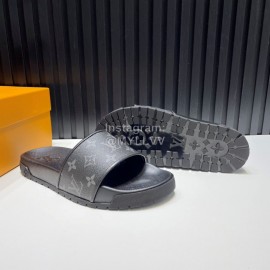 LV Summer Fashion Monogram Cowhide Slippers For Men Black