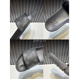 LV Summer Fashion Monogram Cowhide Slippers For Men Black