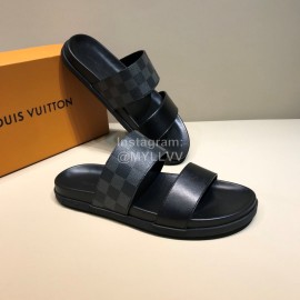 LV Summer Fashion Damier Cowhide Slippers For Men Black