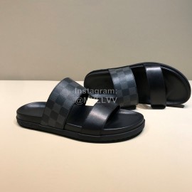 LV Summer Fashion Damier Cowhide Slippers For Men Black