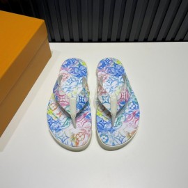 LV Summer Monogram Printed Flip Flops For Men Blue