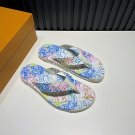 LV Summer Monogram Printed Flip Flops For Men Blue