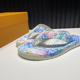 LV Summer Monogram Printed Flip Flops For Men Blue