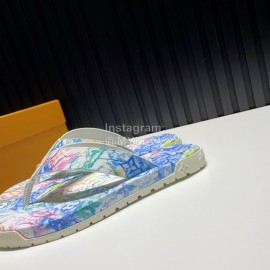 LV Summer Monogram Printed Flip Flops For Men Blue