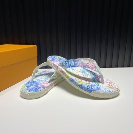 LV Summer Monogram Printed Flip Flops For Men Blue