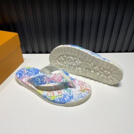 LV Summer Monogram Printed Flip Flops For Men Blue