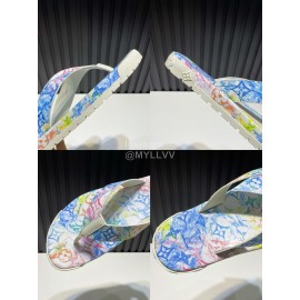 LV Summer Monogram Printed Flip Flops For Men Blue