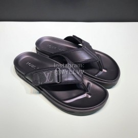 LV Summer Monogram Printed Cowhide Flip Flops For Men Black 