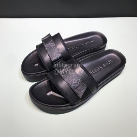 LV Summer Monogram Printed Cowhide Slippers For Men Black 