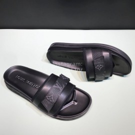LV Summer Monogram Printed Cowhide Slippers For Men Black 