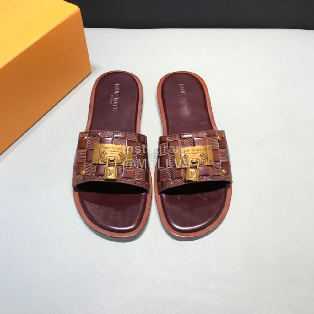 LV Antique Bronze Padlock Embossed Cowhide Slippers For Men Brown