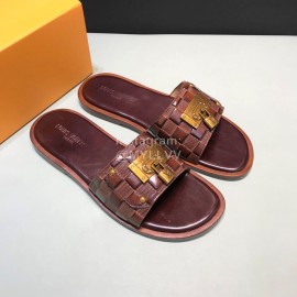 LV Antique Bronze Padlock Embossed Cowhide Slippers For Men Brown