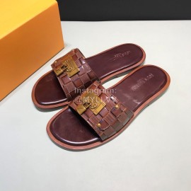 LV Antique Bronze Padlock Embossed Cowhide Slippers For Men Brown