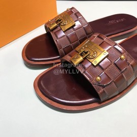 LV Antique Bronze Padlock Embossed Cowhide Slippers For Men Brown