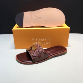 LV Antique Bronze Padlock Embossed Cowhide Slippers For Men Brown