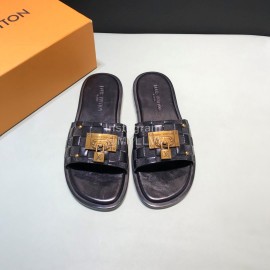 LV Antique Bronze Padlock Embossed Cowhide Slippers For Men Black
