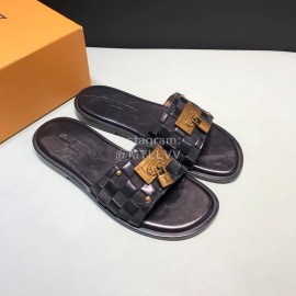 LV Antique Bronze Padlock Embossed Cowhide Slippers For Men Black