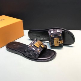 LV Antique Bronze Padlock Embossed Cowhide Slippers For Men Black