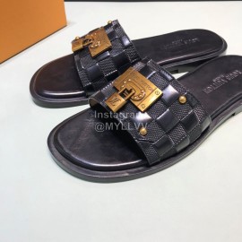 LV Antique Bronze Padlock Embossed Cowhide Slippers For Men Black