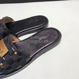 LV Antique Bronze Padlock Embossed Cowhide Slippers For Men Black
