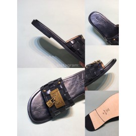 LV Antique Bronze Padlock Embossed Cowhide Slippers For Men Black