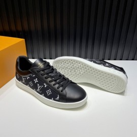 LV Black Monogram Printed Calf Leather Casual Shoes For Men 