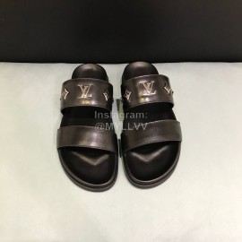 LV Black Monogram Patterned Metal Cowhide Slippers For Men