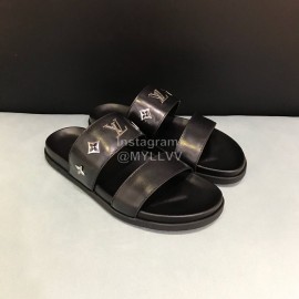 LV Black Monogram Patterned Metal Cowhide Slippers For Men