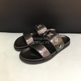 LV Black Monogram Patterned Metal Cowhide Slippers For Men