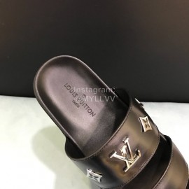 LV Black Monogram Patterned Metal Cowhide Slippers For Men